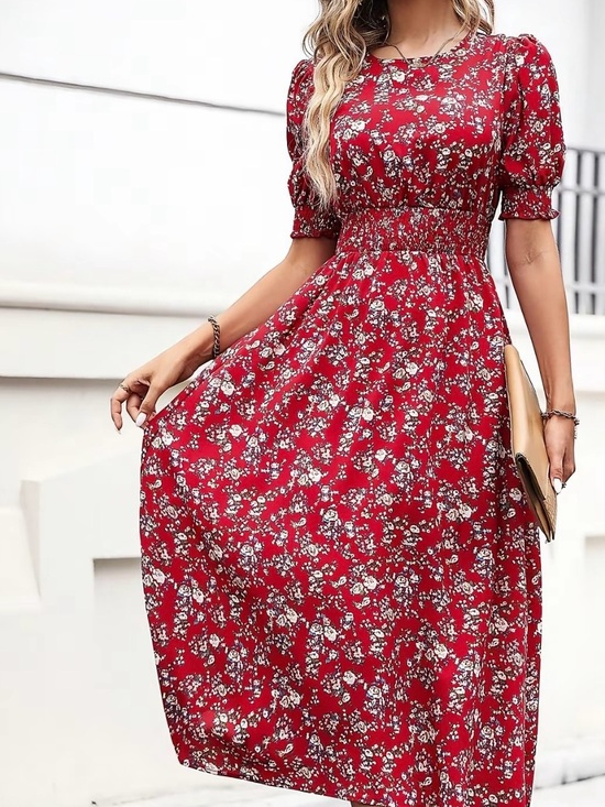 Dresses & Skirts - Red Floral Smocked Midi Dress - Women